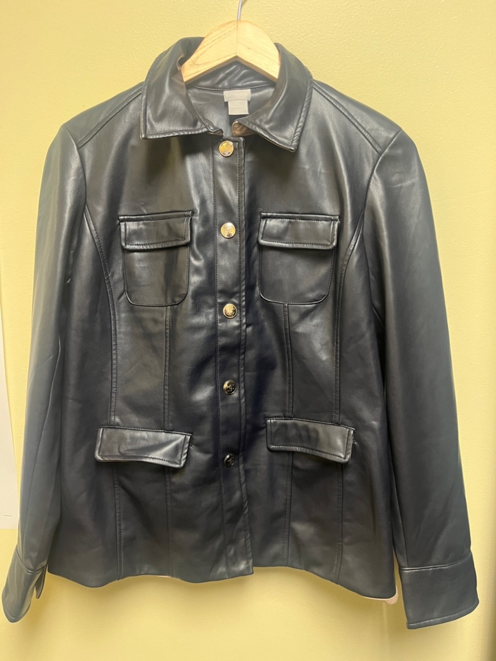 Chico's Black Faux Leather Button-Front Jacket with Gold Buttons size 0 (Chicos)